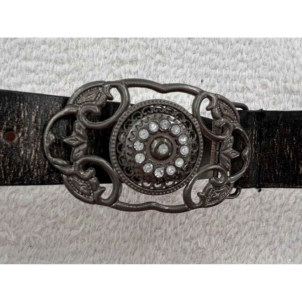 Womens Distressed Black  Floral Studded Rhinestone Rodeo Buckle Belt 1629 L